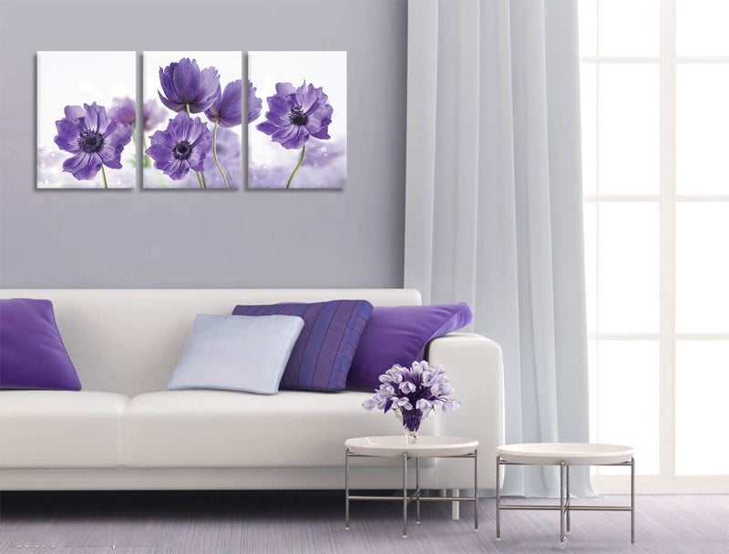 KAKEMONO 3 Piece Canvas Wall Art Set: Purple Flower Bloom Close Up Prints on Wooden Wrapped Canvas, Modern Minimalist Artwork for Bedroom, Kitchen, Living Room, Office - Image 2